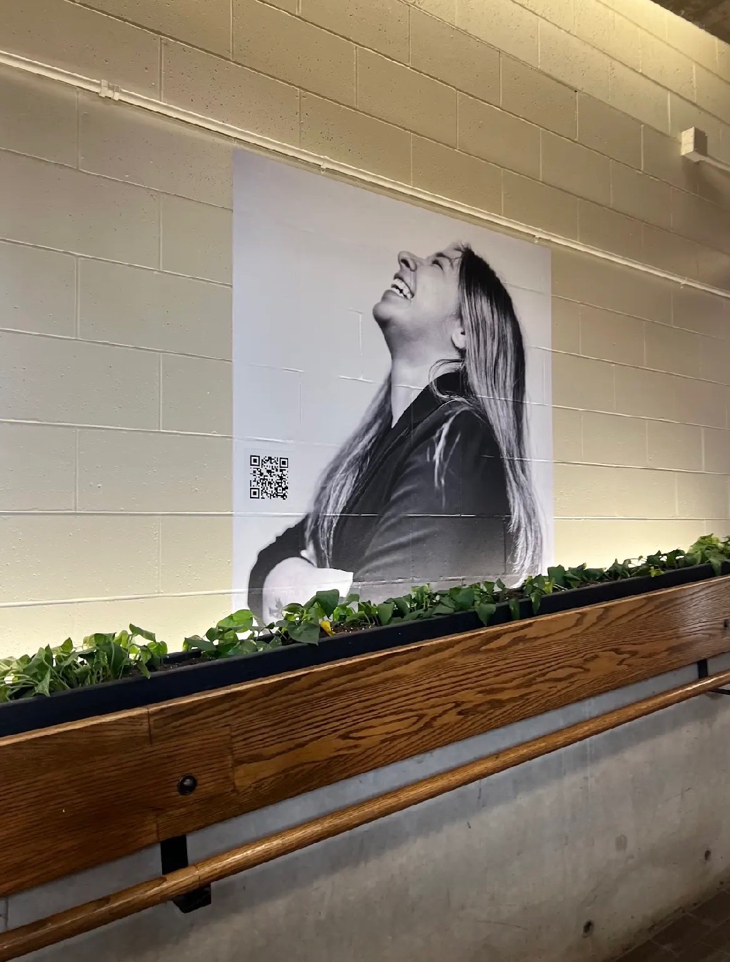 Large portrait poster of Paola installed on a community wall